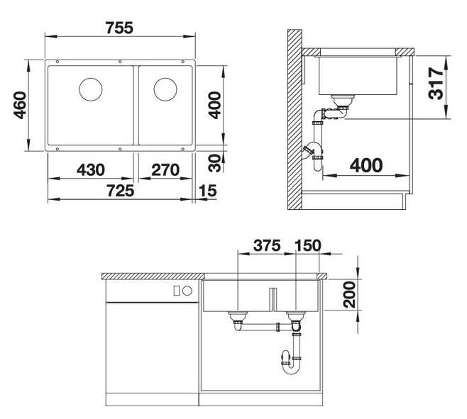 Схема встраивания Blanco SUBLINE 430/270-U