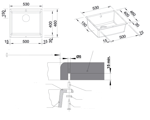 Схема встраивания Blanco Subline 500-U Ceramic